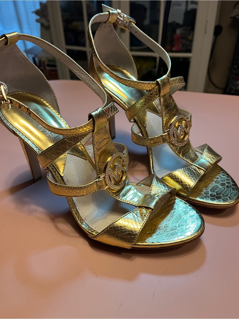 MIchael Kors Gold snakeskin print Metallic Strappy High Heels